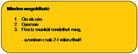 T�glalap: lekerek�tett: Minden megoldhat�
1.	�n olcs�n
2.	Gyorsan
3.	Prec�z munk�t rendelhet meg, 

- azonban csak 2-t v�laszthat!
